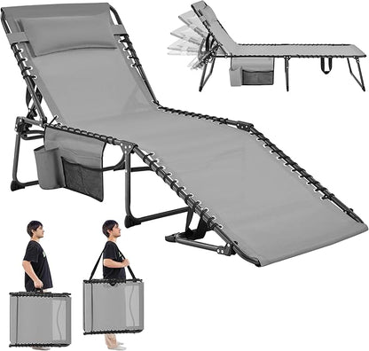 Yaheetech 26.4" Outdoor Folding Tanning Chair, Chaise Lounge Chairs with 5 Back Position Adjustable, Extended Portable Lounger for Beach, Patio, Gray