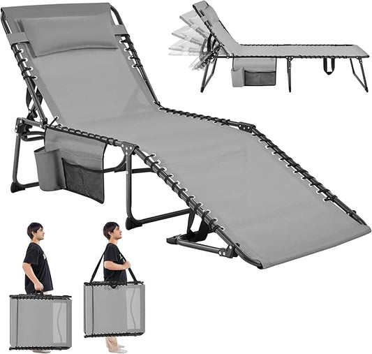 Yaheetech 26.4" Outdoor Folding Tanning Chair, Chaise Lounge Chairs with 5 Back Position Adjustable, Extended Portable Lounger for Beach, Patio, Gray