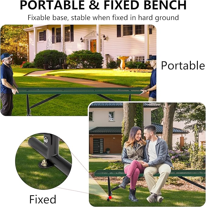8FT Metal Park Bench for Outside, All-Weather Thermoplastic Coating Outdoor Bench with Anchor, Commercial Heavy Duty Benches for Shopping Malls, Stores, Parks, Patios, Decks, Green