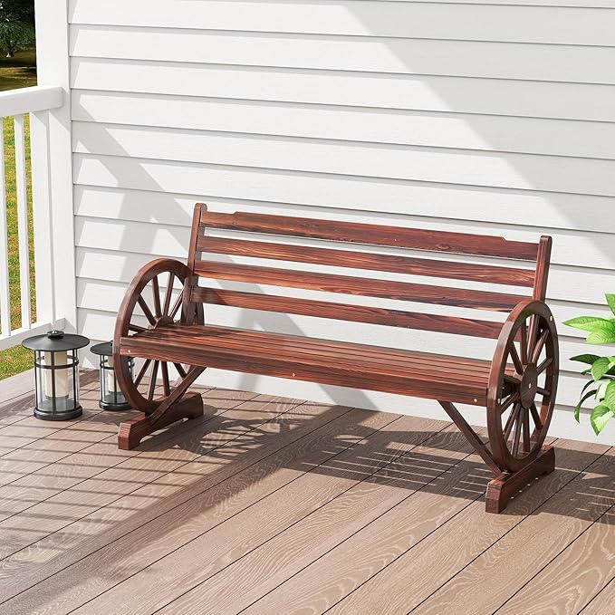 FIZZEEY Outdoor Bench - 52" Long Outside Garden Bench with Slatted Backrest & Wagon Wheel Armrests, Porch Furniture for Porch, Yard, Lawn, Rustic Brown