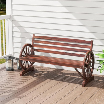 FIZZEEY Outdoor Bench - 52" Long Outside Garden Bench with Slatted Backrest & Wagon Wheel Armrests, Porch Furniture for Porch, Yard, Lawn, Rustic Brown