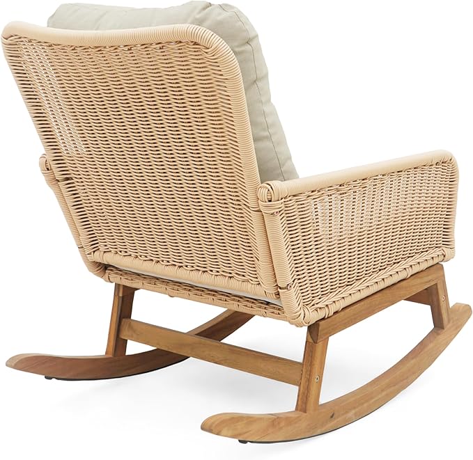 Outdoor Wooden Rocking Chair, Patio Rocking Chair with Soft Cushions & Wood Leg - Photo 5