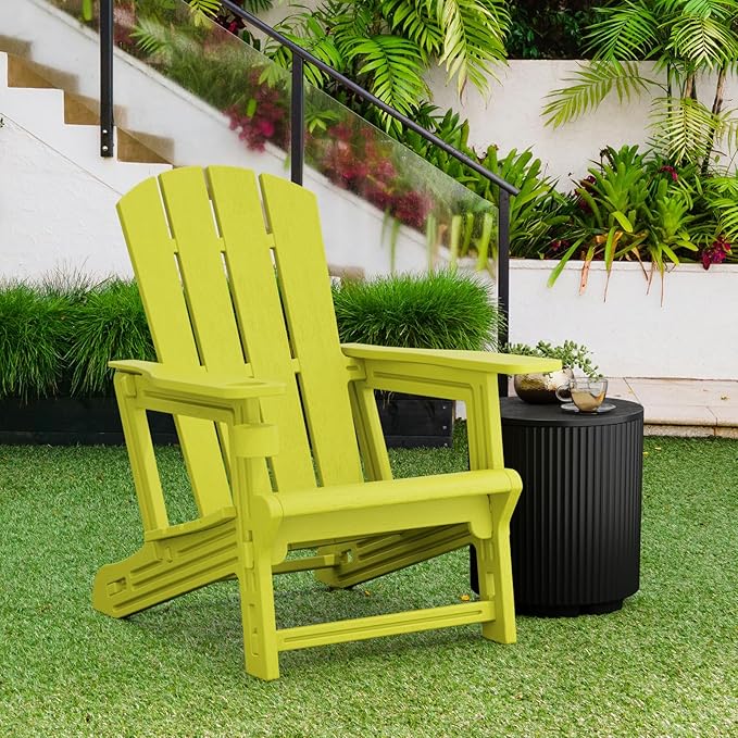 Adirondack Plastic Outdoor Chair, 400 LBS Capacity Recliner Garden Chair, Patio Chair with Cup Holder, Without Screws Install for Backyard Lawn Beach Yellow