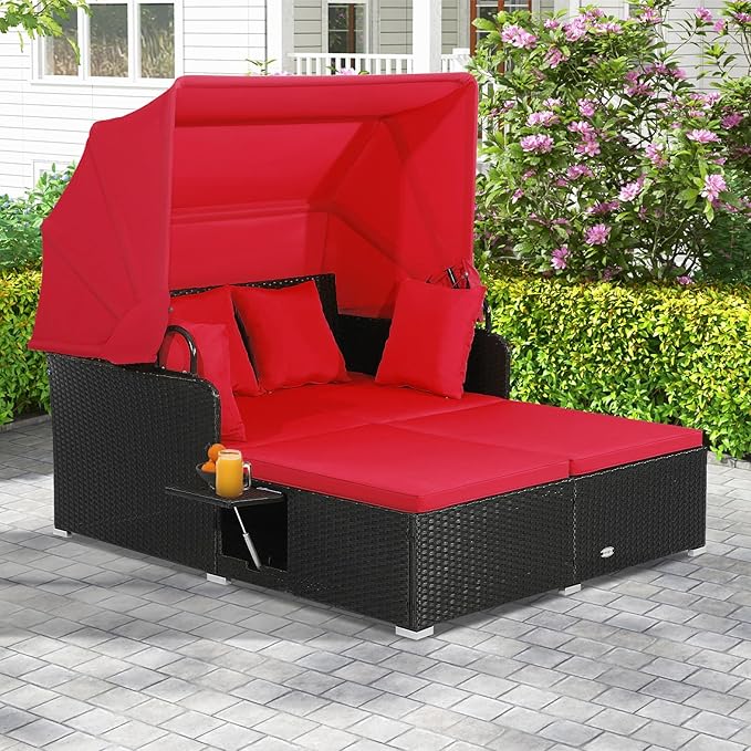 ORALNER Outdoor Daybed, 2-Person Wicker Patio Sofa with Retractable Canopy, Cushions & Pillows, 2 Side Trays - Photo 1