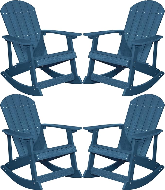 YEFU Outdoor Rocking Chair Set of 4,Adirondack Rocking Chair,Patio Rocker Chair with Wide Back,Oversized Rocker Chair Look Like Real Wood, for Lawn, Porch, Backyard, Indoor and Garden(Navy Blue)