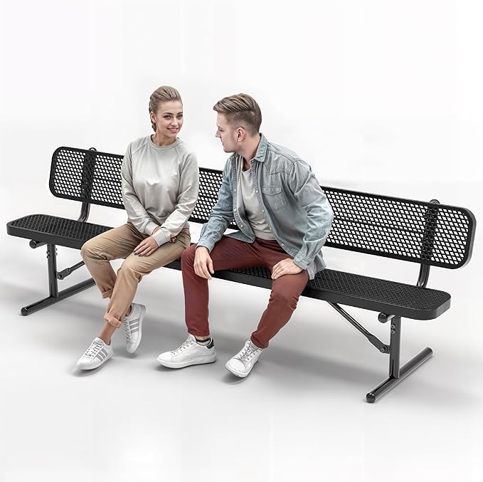 Heavy-Duty Outdoor Metal Bench, Thermoplastic-Coated, Portable, Weatherproof, Commercial-Grade for Parks, Gardens, Patios, Stores & More (8 Ft - Portable with Back, Black)