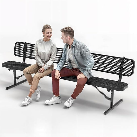 Heavy-Duty Outdoor Metal Bench, Thermoplastic-Coated, Portable, Weatherproof, Commercial-Grade for Parks, Gardens, Patios, Stores & More (8 Ft - Portable with Back, Black)