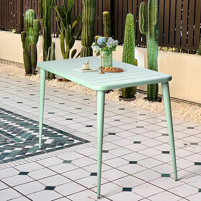 Modern Patio Table for 4-6 People Metal Dining Table for Outdoor&Indoor Office Computer Meeting Desk Home Cafe Table Lawn Backyard Balcony Kitchen Office 47.2" Lx23.6 Wx30 H(Green)