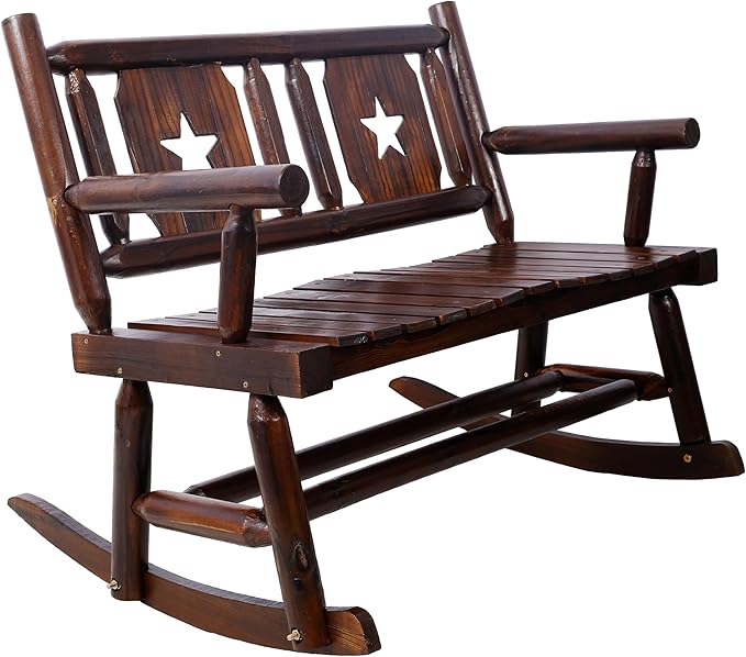 Outdoor Rocking Bench Double Rocking Chair for 2 Persons Heavy Duty Solid Wood Porch Rocker with Wide Curved Seat Rustic Brown Patio Furniture for Garden Backyard