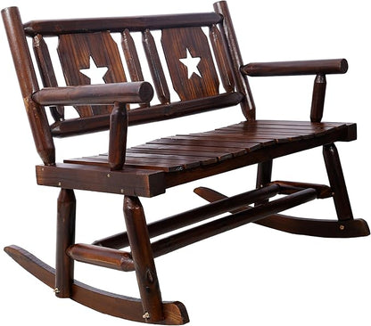 Outdoor Rocking Bench Double Rocking Chair for 2 Persons Heavy Duty Solid Wood Porch Rocker with Wide Curved Seat Rustic Brown Patio Furniture for Garden Backyard