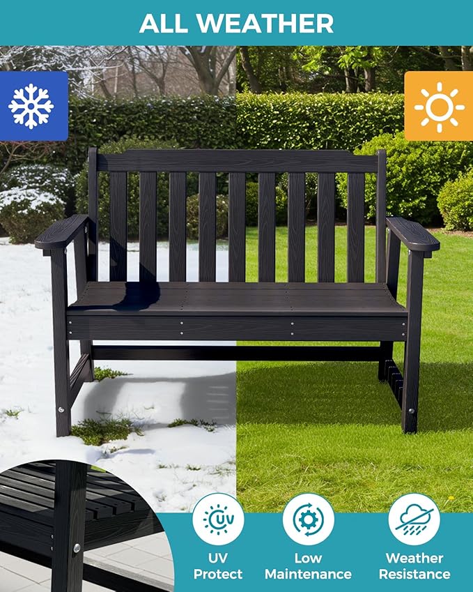 Outdoor Bench, 2-Person HDPE Garden Bench, All Weather Poly Patio Bench for Outdoors, Garden, Backyard, Porch and Park, 660 lbs Weight Capacity, Black