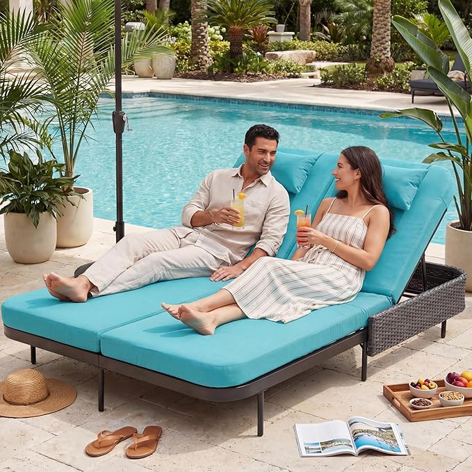 RADIATA 51.2" Outdoor Loveseat Sofa Bed, PE Wicker Patio Daybed with 2-Person Double Chaise Lounge - Photo 1