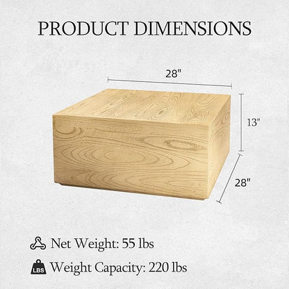 UPHA 28" Square Outdoor Coffee Table, Modern Hollow Concrete Patio Table, Small Minimalist Low Accent Table for Living Room, Balcony, Deck, Backyard, Natural Wood Finish