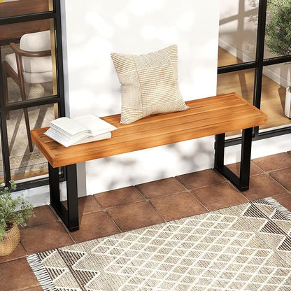 RELAX4LIFE Outdoor Bench Acacia Wood - 48’’ Garden Patio Dining Bench w/Slatted Seat, Metal Legs, 2-Person Backless Picnic Loveseat, Farmhouse Indoor Outdoor Furniture for Entryway Deck Park Porch (2)