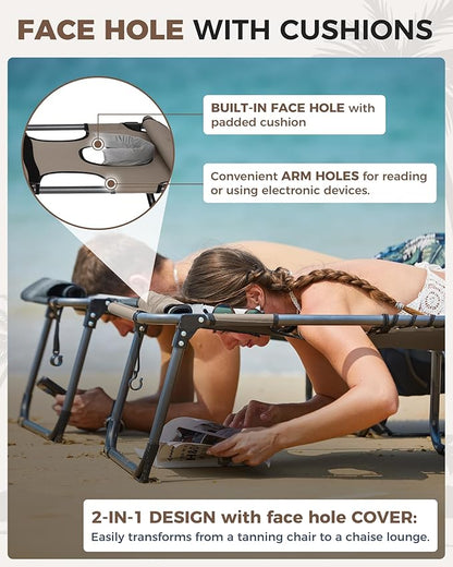 KingCamp 2 Pack Tanning Chair with Face Hole, Lounge Chairs Outdoor Folding Comfy Adjustable 5-Position Lay Flat Foldable Chaise Chaser Lounger for Outside Beach Patio Sun Bathing Pool, Beige