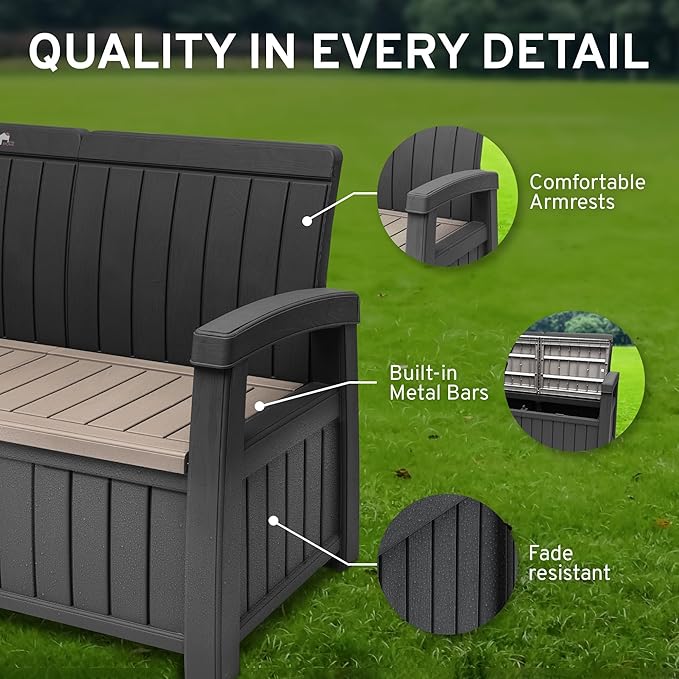 EconoHome 3 Seat Outdoor Storage Bench with Rain Cover - 90 Gallon Capacity - Weatherproof Resin Bench for Patio, Porch - Photo 5