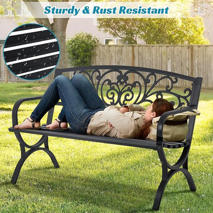 50" Black Metal Garden Bench - 2-Person Outdoor Loveseat with Floral Design, 485 lbs Capacity for Patio, Porch & Yard