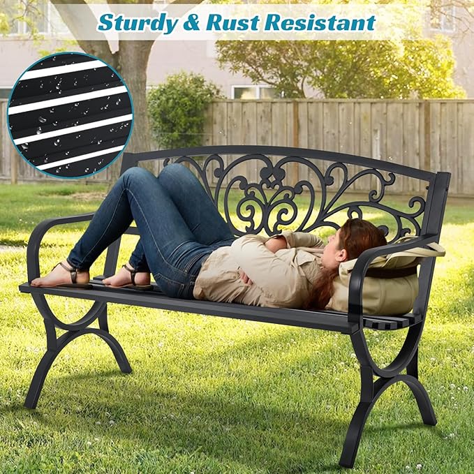 Dkelincs Outdoor Benches Memorial 50" Extra Wide Patio Park Metal Waterproof Garden Bench with Armrests Arched Legs Floral Backrest for Outside Porch Backyard Park,Black