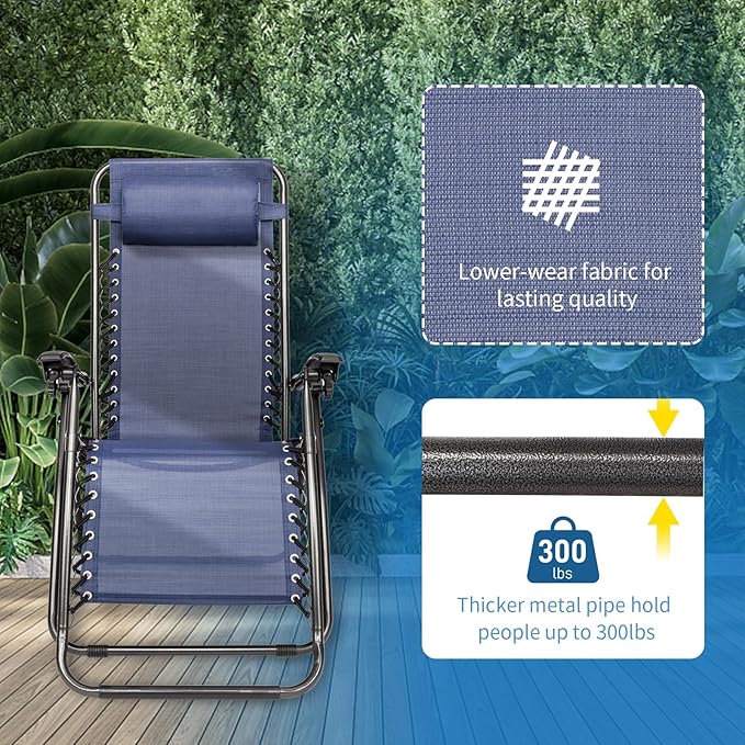 Bonnlo Infinity Zero Gravity Chair, Outdoor Lounge Patio Chairs with Pillow and Utility Tray Adjustable Folding Recliner for Deck,Patio,Beach,Yard Pack 2 (Blue)