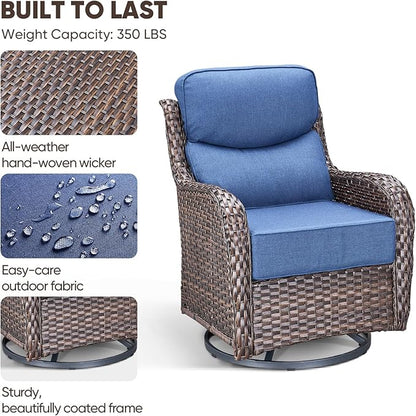 Swivel Patio Chairs sofa Set of 4 with 6" Thick Cushion - Wicker Outdoor Swivel Rocker Patio Chair ,Sofa/Glass coffee table, High Back Comfortable Outdoor Glider Chairs - Brown Wicker | Blue Cushions