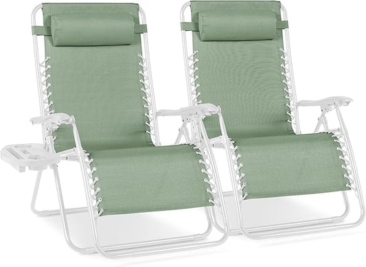 Best Choice Products Set of 2 Extra Wide Adjustable Steel Mesh Zero Gravity Lounge Chair Recliners w/Pillows and Cup Holder Trays - Sage Green/White