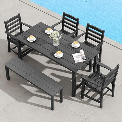 Tangkula 6 Pieces Patio Dining Bench Set, Outdoor HDPE Weather Resistant Table and Chairs Set with 1.77” Umbrella Hole and Wood-Like Surface, Outside Furniture Set for Garden, Backyard (Black, 6 Pcs)