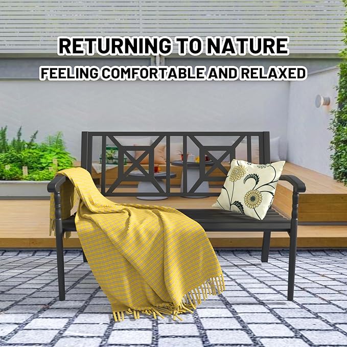 YLGJ&TIDY 50 Inches Patio Bench Outdoor Metal Bench with Pattern Backrest Armrest Rust-Resistant Outdoor Porch Benches for Garden Park Lawn Yard Front Porch, Pack of 2 (BENCH05 2PK)