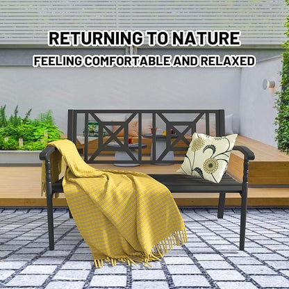 YLGJ&TIDY 50 Inches Patio Bench Outdoor Metal Bench with Pattern Backrest Armrest Rust-Resistant Outdoor Porch Benches for Garden Park Lawn Yard Front Porch, Pack of 2 (BENCH05 2PK)