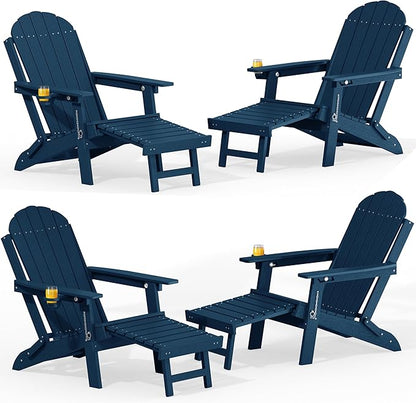 YEFU Adirondack Chair with Retractable Ottoman: Adjustable Folding Adirondack Chairs Set of 4 - Fire Pit Chairs with Cup Holder - Sturdy HDPE Plastic All Weather for Outdoor/Patio/Fire Pit/Pool(Navy)