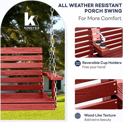 KINGYES Outdoor Hanging Patio Swing Chair, 2 Seat with Cup Holders, Waterproof Bench for Courtyard & Garden, 660LBS Weight Capacity, Red