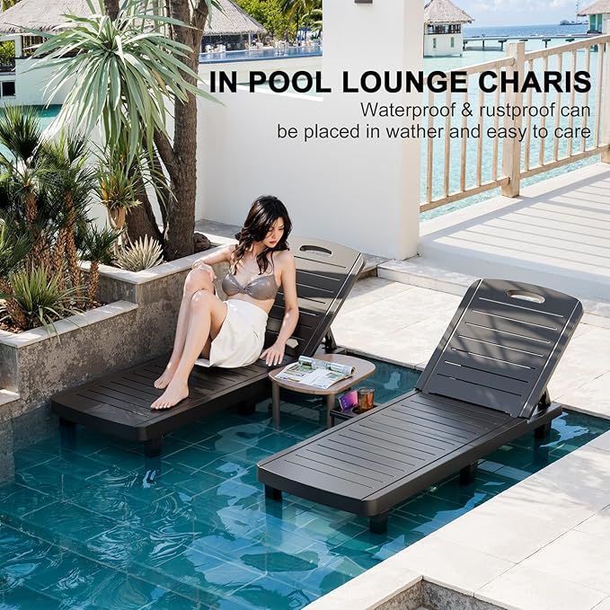 WACASA Outdoor Chaise Lounge Chairs Set of 2, Oversized Lounge Chairs with 5-Level Adjustable Backrest & Cup Holder, Resin Waterproof Pool Lounge Chair for Poolside, Patio, Beach, Yard, Black
