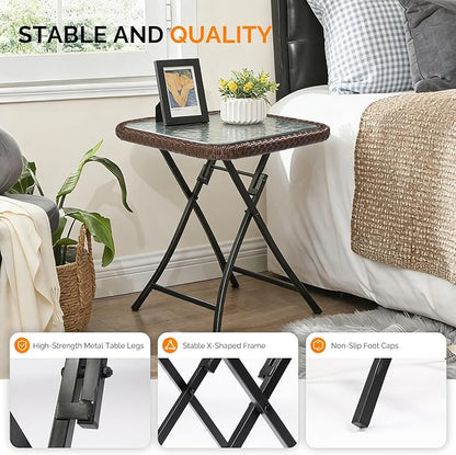 VINGLI 18in Modern Brown Rattan Folding Glass Outdoor Side Table, Small Patio Table with Tempered Glass Top,Rectangular,1 Pack