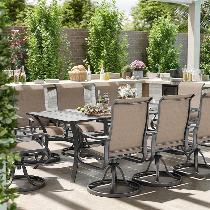 Amopatio Patio Swivel Chairs Set of 8, Outdoor Swivel Rocker Dining Chairs with All Weather Textilene High Back & Metal Frame, for Backyard Deck Lawn Garden, Brown