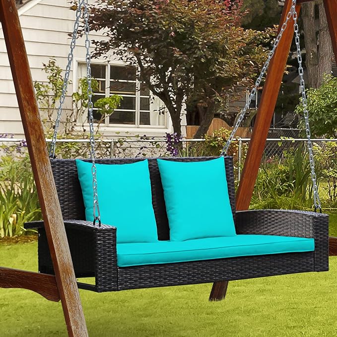 RELAX4LIFE Porch Swing 2-Seat Patio Rattan, Wicker Porch Swings Outdoor W/Two 7.9 Ft Solid Steel Chain - Photo 4