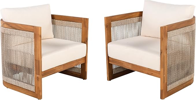 Merax Acacia Wood Outdoor Club Chair Set of 2, Woven Rope Accents Design, Wooden Patio Accent Chair Set - Photo 3
