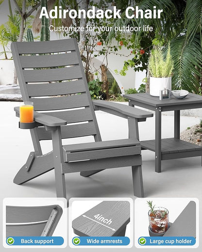 YEFU Adirondack Chair, Folding Adirondack Chairs Set of 4 with Arc Back & Cup Holder, Weather Resistant Plastic Oversized Chair for Outdoor Patio Lawn Garden Backyard Deck Fire Pit, Grey