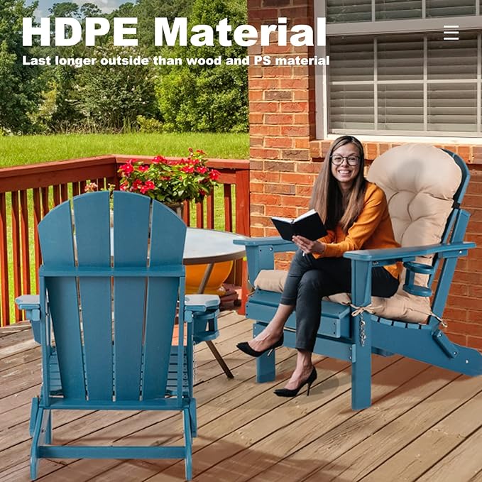 Adirondack Chair Set of 2 with Cushion & Cup Holders, HDPE Weather Resistant Folding Adirondack Chair for Adults, Outdoor Fire Pit Chairs for Patio/Porch/Swimming Pool/Garden (2, Blue)