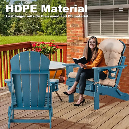 Adirondack Chair Set of 2 with Cushion & Cup Holders, HDPE Weather Resistant Folding Adirondack Chair for Adults, Outdoor Fire Pit Chairs for Patio/Porch/Swimming Pool/Garden (2, Blue)