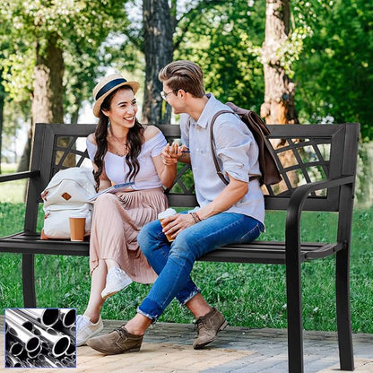 Bigacc Outdoor Bench, Garden Bench with Black Checkered Design Park Bench Metal with Cast Iron Frame Bench Chair for Patio Front Porch Garden Balcony Lawn Furniture Entryway Backyard, Black