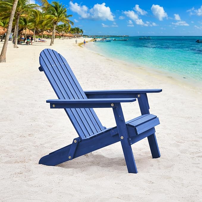 Yaheetech Folding Adirondack Chair Set of 1 Outdoor, 300LBS Solid Wood Garden Chair Weather Resistant, Fire Pit Lounge Chairs for Garden/Yard/Patio/Lawn, Blue