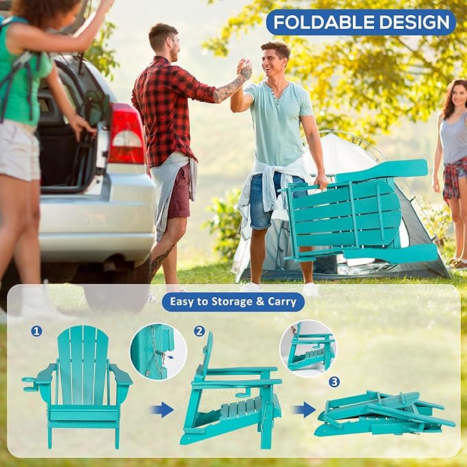 Adirondack Chair with Table, Cushion & Cup Holder, HDPE Folding Adirondack Chair with Wood-Like Grain Outdoor Fire Pit Chairs for Patio/Porch/Swimming Pool/Camping(Aruba)