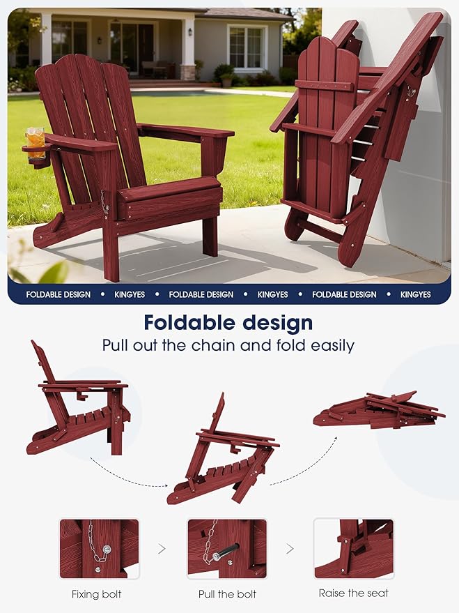 KINGYES Folding Adirondack Chair Set of 4, HDPE All-Weather Patio Chairs with Cup Holder - Photo 3