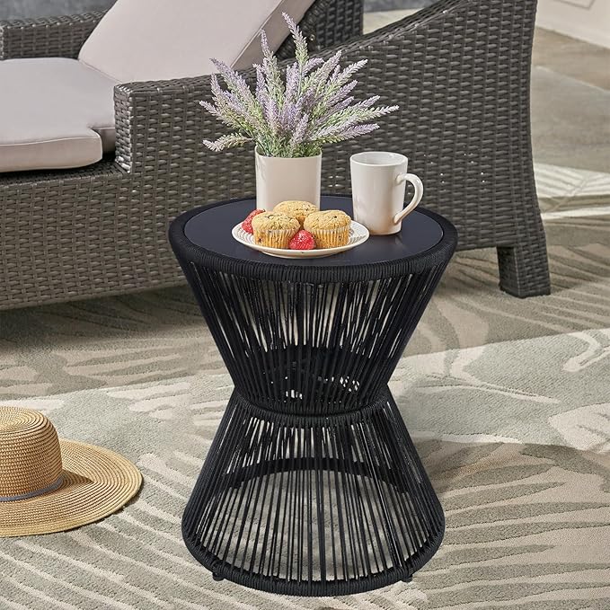 LEWIS&WAYNE Small Outdoor Side Table Patio 20’’ H Woven Rope Hourglass End Table with Glass Top Round Coffee Table for - Photo 2
