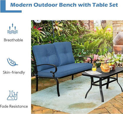 RELAX4LIFE Patio Loveseat with Coffee Table - 2-Piece Patio Conversation Sofa Set w/Backrest & Cushions, Modern Outdoor Glider Bench for Garden, Backyard, Poolside, Metal Porch Furniture (Blue)