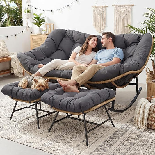 NICESOUL Oversized Double Rocking Papasan Chair with Cushion, 2 Person Big Wicker Outdoor Comfy Recliner, Large Heavy Duty 700 lbs Loveseat for Patio, Balcony, Backyard (Grey, 2 Seats w/Ottoman)
