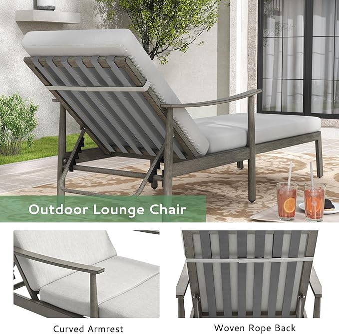 Outdoor Lounge Chair with Armrest, Patio Aluminum Chaise Lounge Set of 2, Adjustable Backrest with Rope Design, Patio Recliner Chairs Cushions for Lawn Pool Beach (Grey)