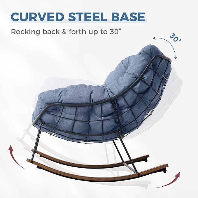 Grand patio Outdoor Rocking Chair, E-Coated Modern Cozy Lounge Rocker Chair with Cushion for Balcony Porch Patio, Light Blue