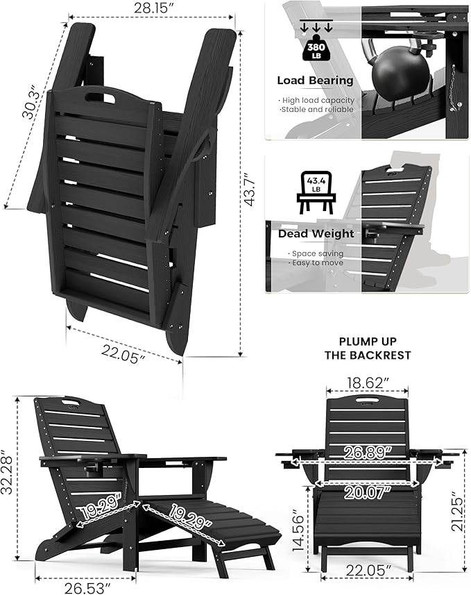 Ciokea Folding Adirondack Chair with Retractable Ottoman Fire Pit Patio Chair with Pull Out Foot Rest Weather Resistant - Photo 3