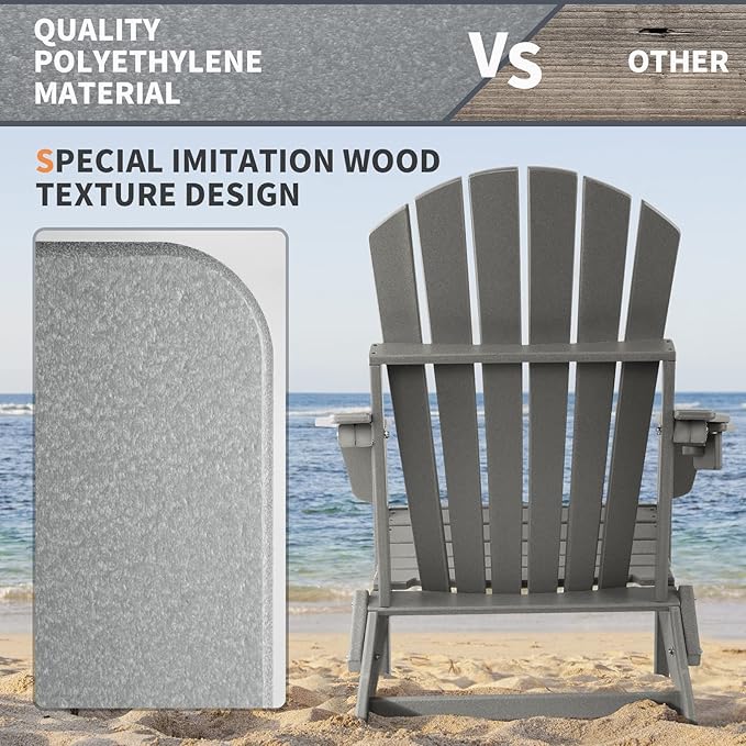 FUNBERRY Folding Adirondack Chair Set of 2, HDPE All Weather Fire Pit Chairs with Cup Holder for Outdoor