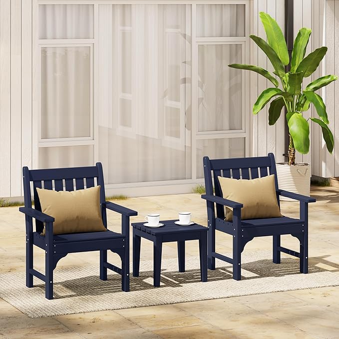Costaelm 3 piece Patio Set, Outdoor Table and Chairs Set of 3, 3-Piece HDPE Garden Chair with Square Adirondack Side Table, Porch Chairs Coffee Table for Outside Porch Backyard, Navy Blue